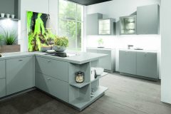 light grey German kitchen with  wood floor