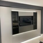 German Handle less Kitchen with Island & Tv Feature Wall - Titanium and Carbon - Quartz Solid Surface